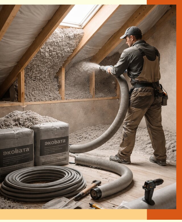 Утепление мансарды эковатой в Карабулаке от 2272 руб/м2 — монтаж, задувка, цена | ТепломастерКрб