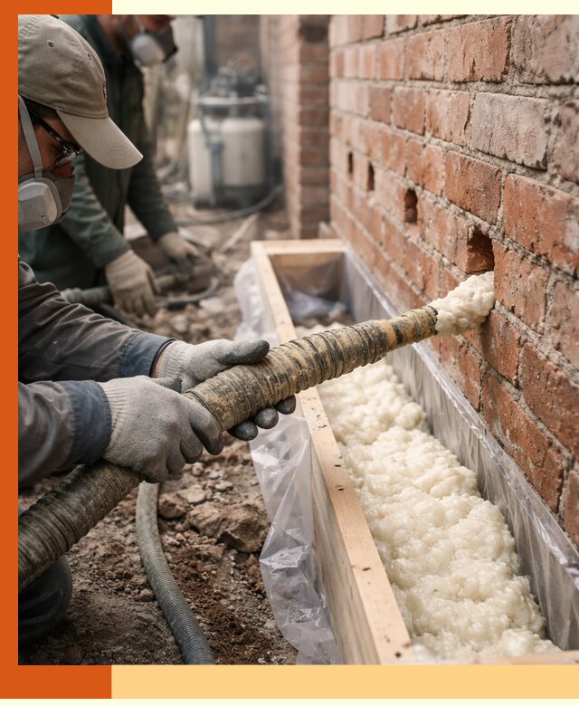 Заливка ППУ в пустоты кирпичной стены в Карабулаке