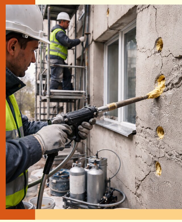 Заполнение пустот в фасаде и утепление стен в Карабулаке