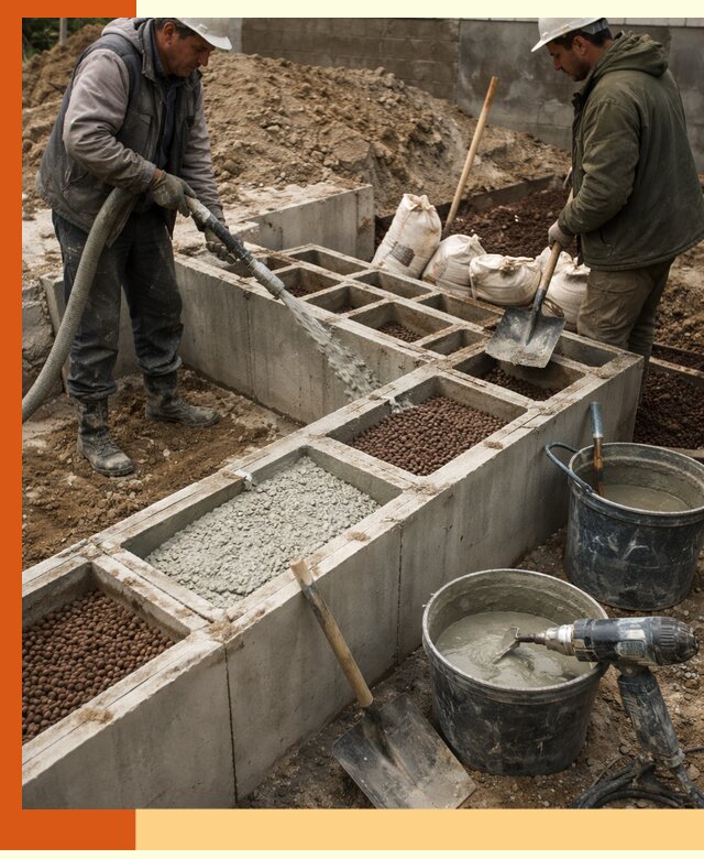 Заполнение полостей фундамента в Карабулаке герметичным утеплением и повышением прочности